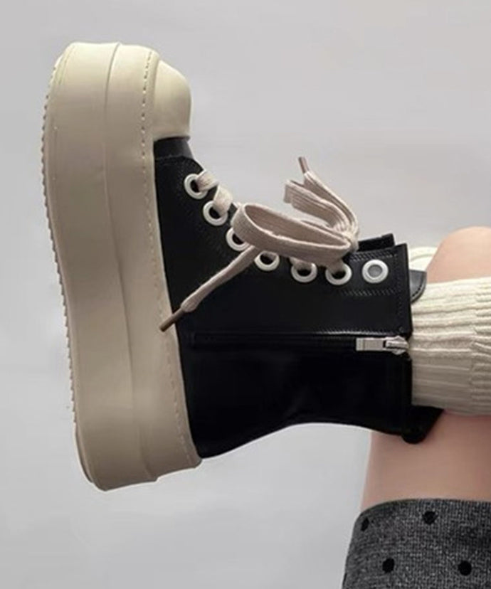 Black Platform Faux Leather Stylish Splicing Lace Up Boots