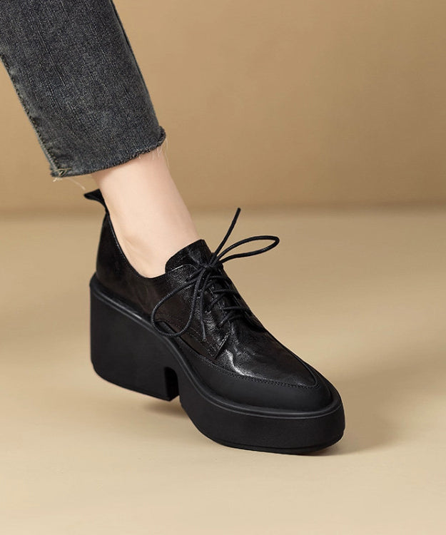 Black Platform Sheepskin Stylish Splicing Lace Up Pointed Toe