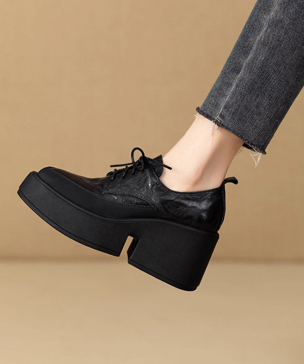 Black Platform Sheepskin Stylish Splicing Lace Up Pointed Toe