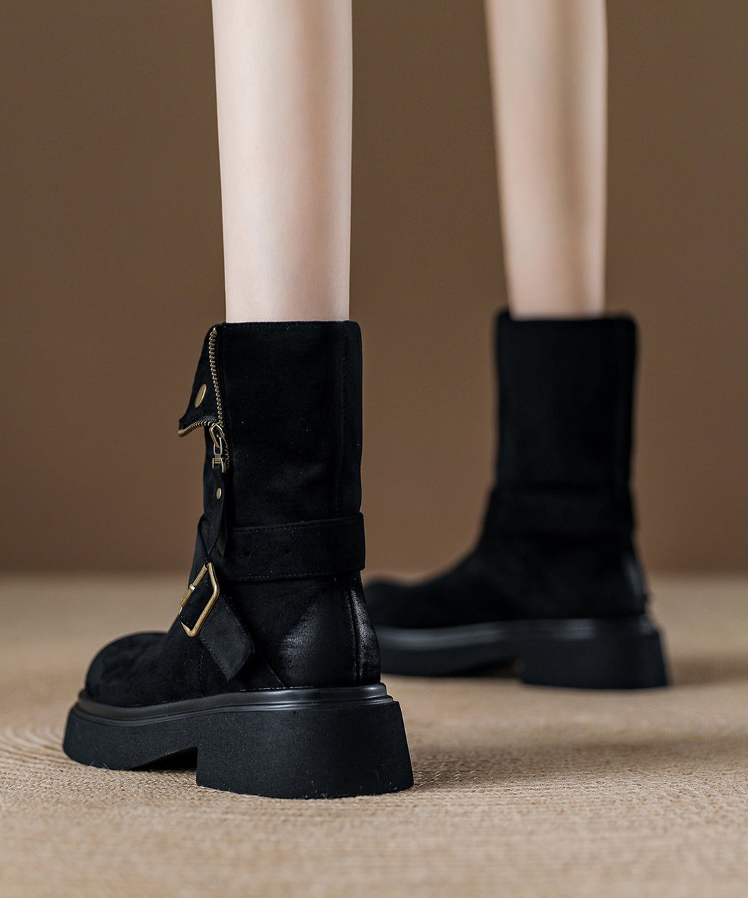 Black Platform Suede Handmade Zippered Splicing Boots