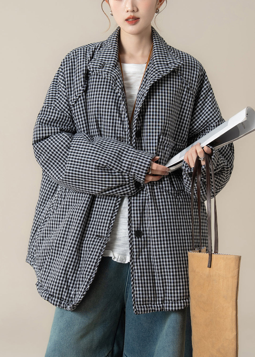 Black Pockets Button Warm Parkas Lanter Sleeve