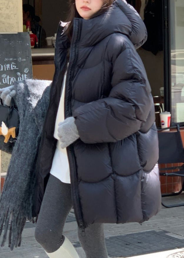 Black Pockets Drawstring Duck Down Winter Puffer Coat Hooded