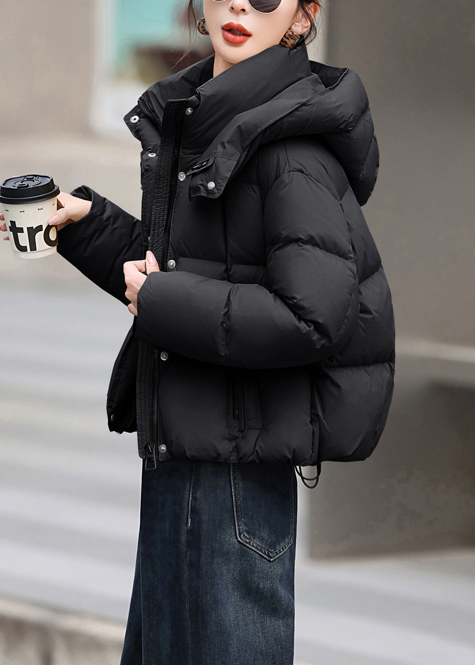 Black Pockets Duck Down Casual Jacket Hooded Winter