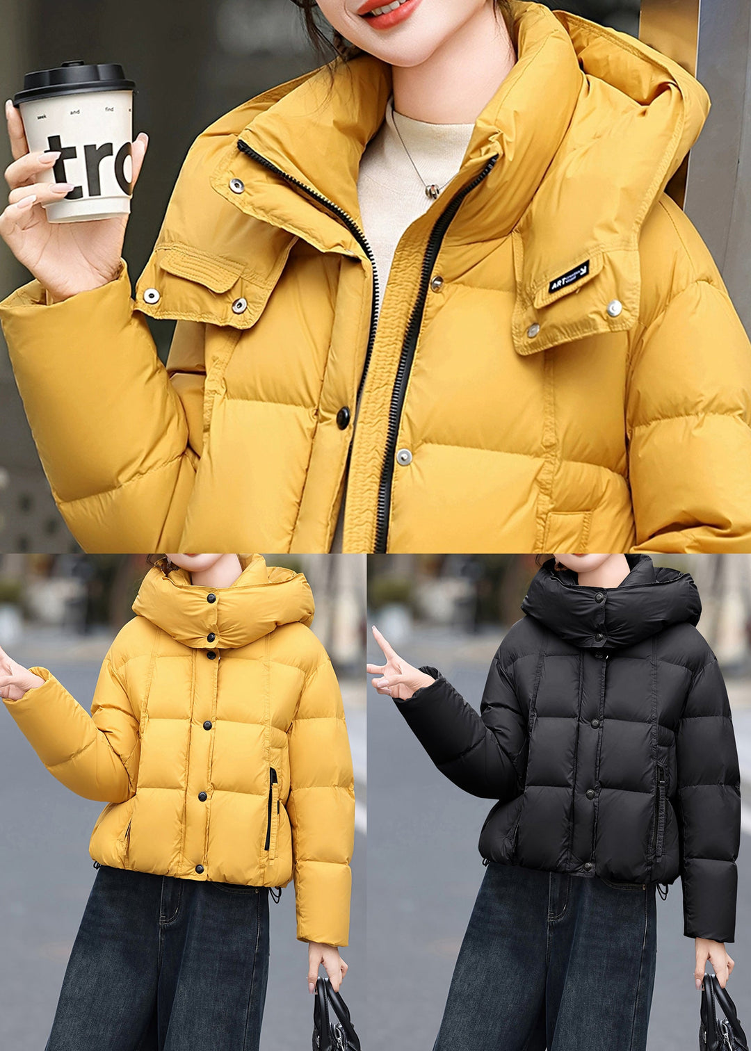 Black Pockets Duck Down Casual Jacket Hooded Winter