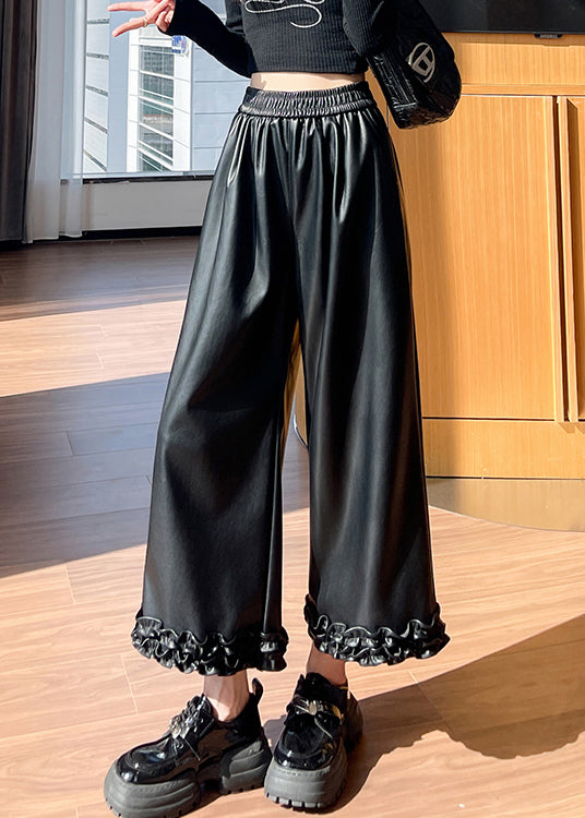 Black Pockets Elastic Waist Faux Leather Wide Leg Pants Ruffled