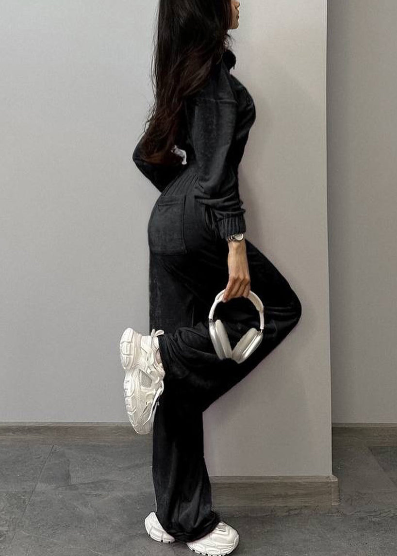 Black Pockets Elastic Waist Silk Velvet Two Pieces Set Zip Up