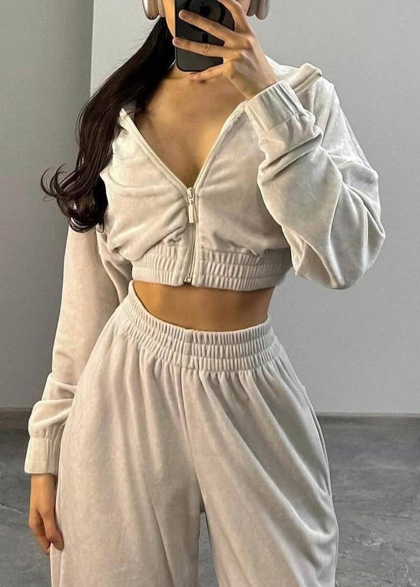 Black Pockets Elastic Waist Silk Velvet Two Pieces Set Zip Up