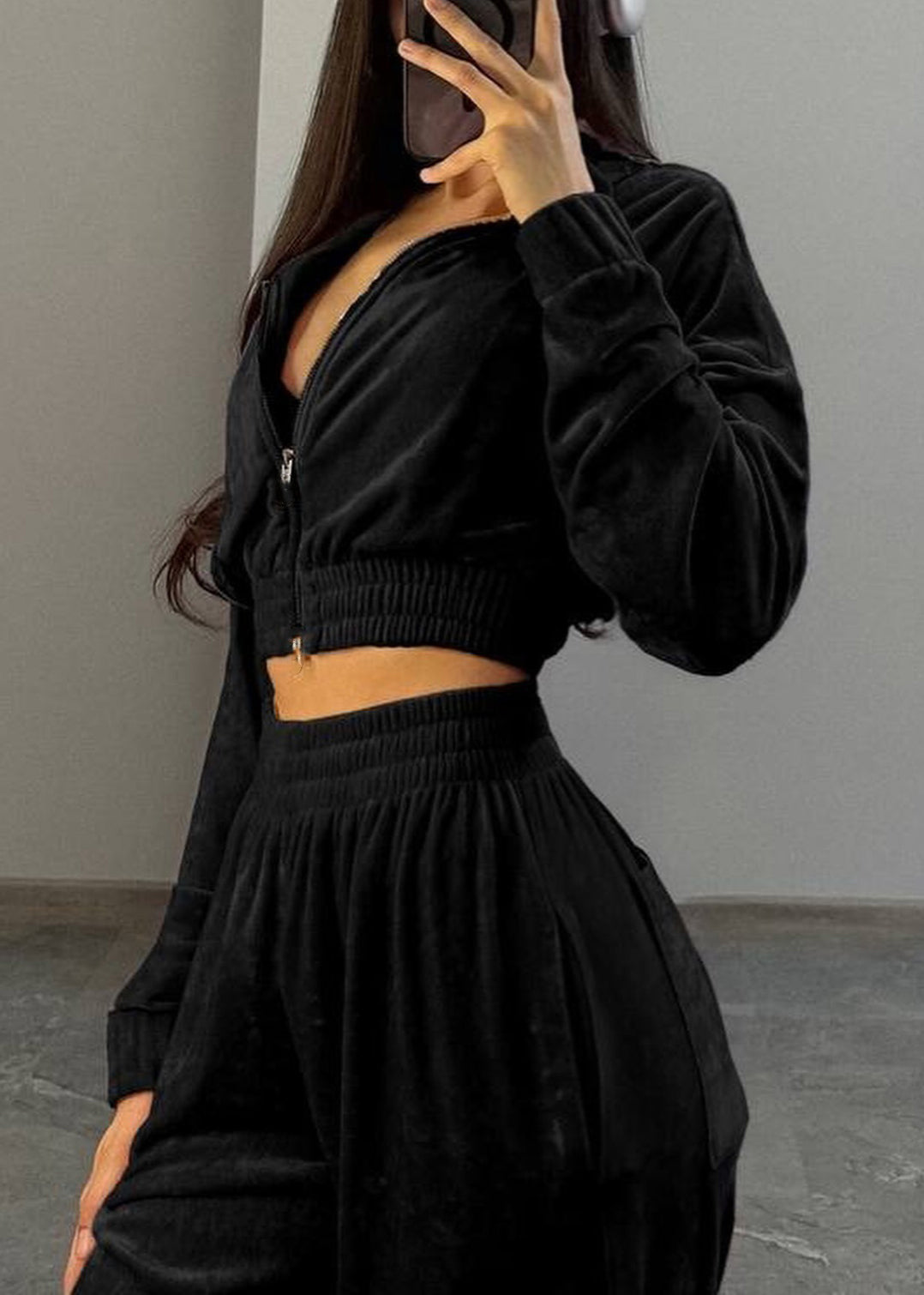 Black Pockets Elastic Waist Silk Velvet Two Pieces Set Zip Up