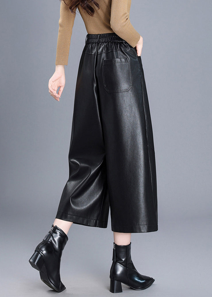 Black Pockets Faux Leather Pants High Waist Wide Leg Crop Fall