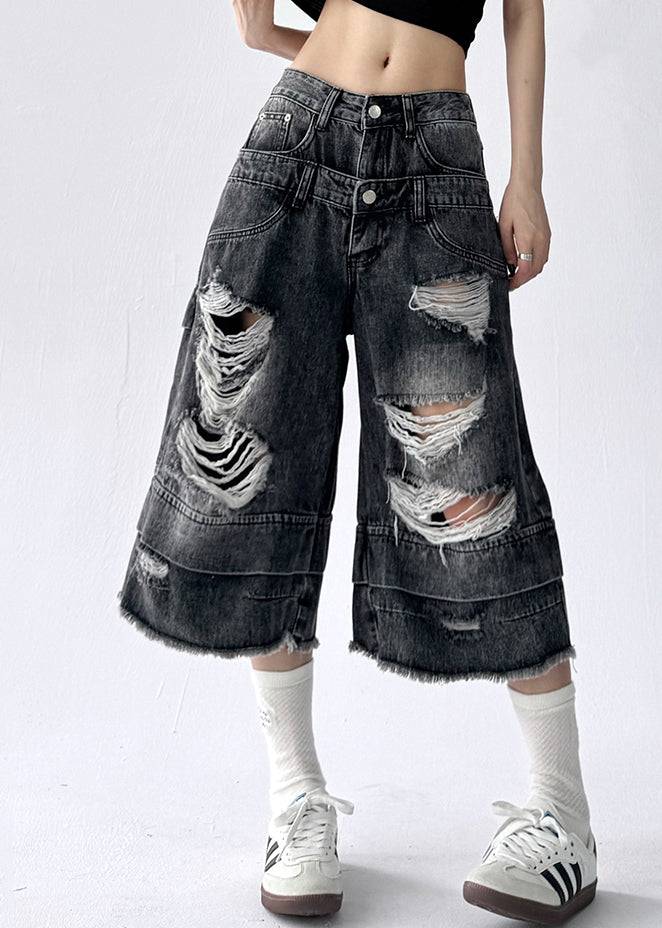 Black Pockets High Waist Denim Unique Crop Pants Hole