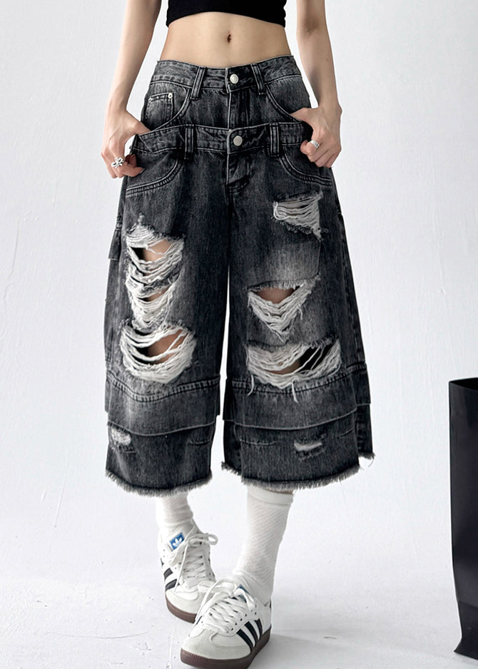 Black Pockets High Waist Denim Unique Crop Pants Hole
