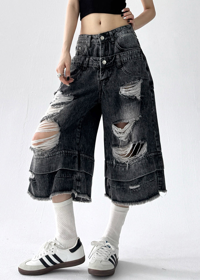 Black Pockets High Waist Denim Unique Crop Pants Hole