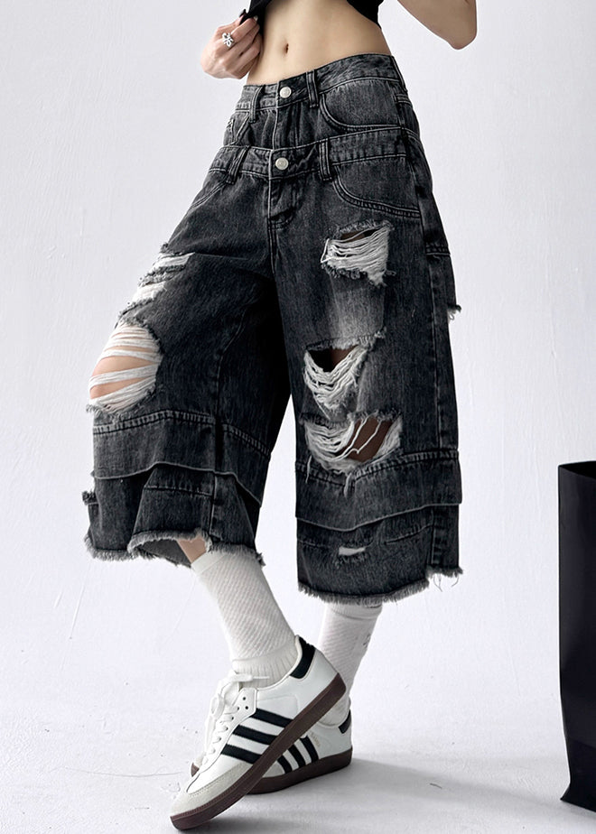 Black Pockets High Waist Denim Unique Crop Pants Hole