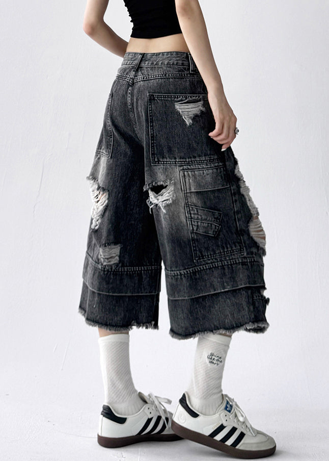 Black Pockets High Waist Denim Unique Crop Pants Hole