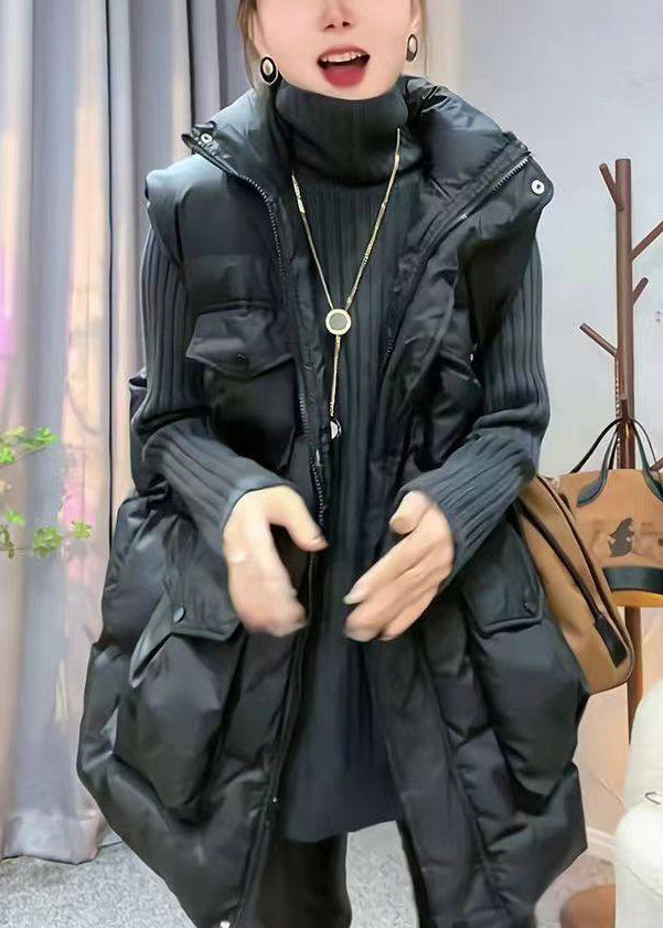 Black Pockets Oversized Cotton Filled Waistcoat Stand Collar