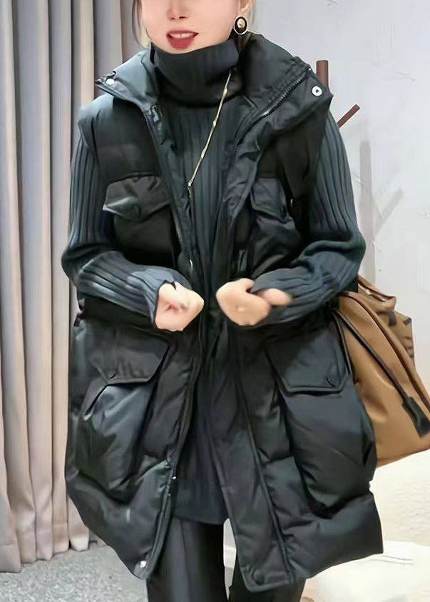 Black Pockets Oversized Cotton Filled Waistcoat Stand Collar