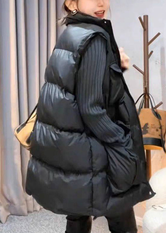 Black Pockets Oversized Cotton Filled Waistcoat Stand Collar