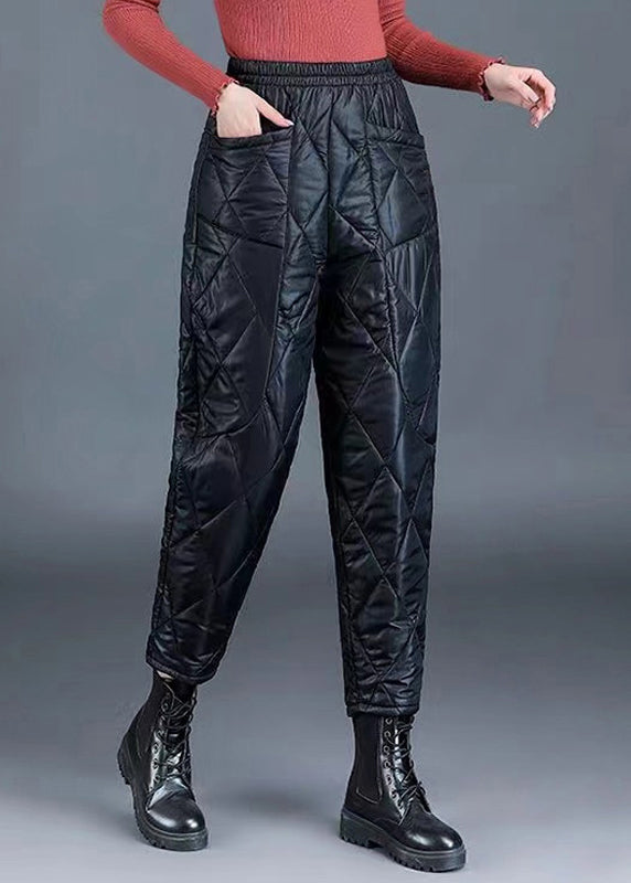 Black Pockets Oversized Fine Cotton Filled Crop Pants Elastic Waist