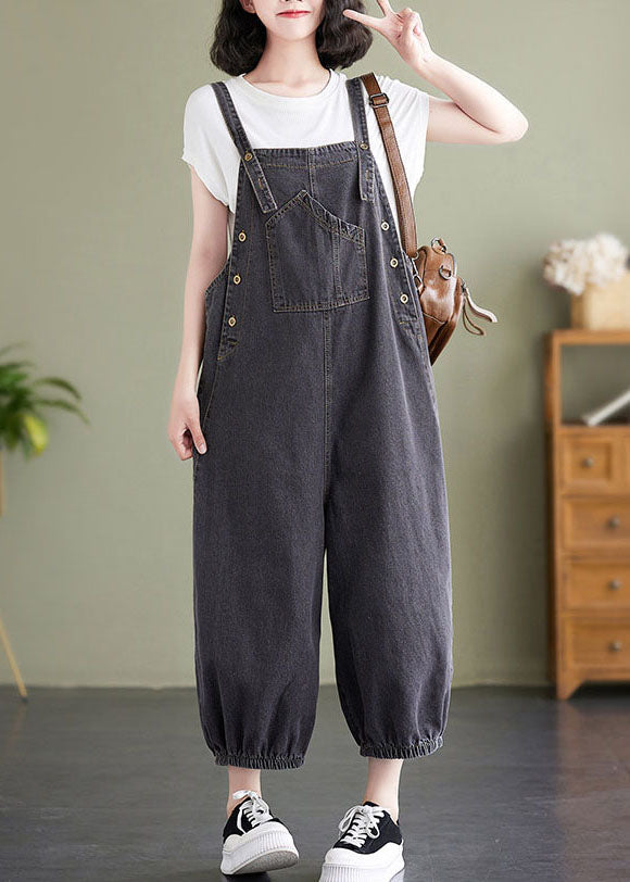 Black Pockets Patchwork Denim Overalls Jumpsuit Summer