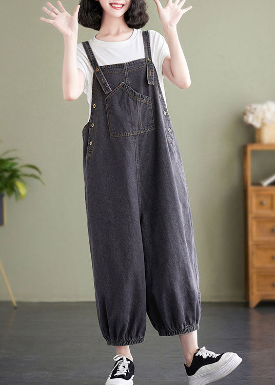 Black Pockets Patchwork Denim Overalls Jumpsuit Summer