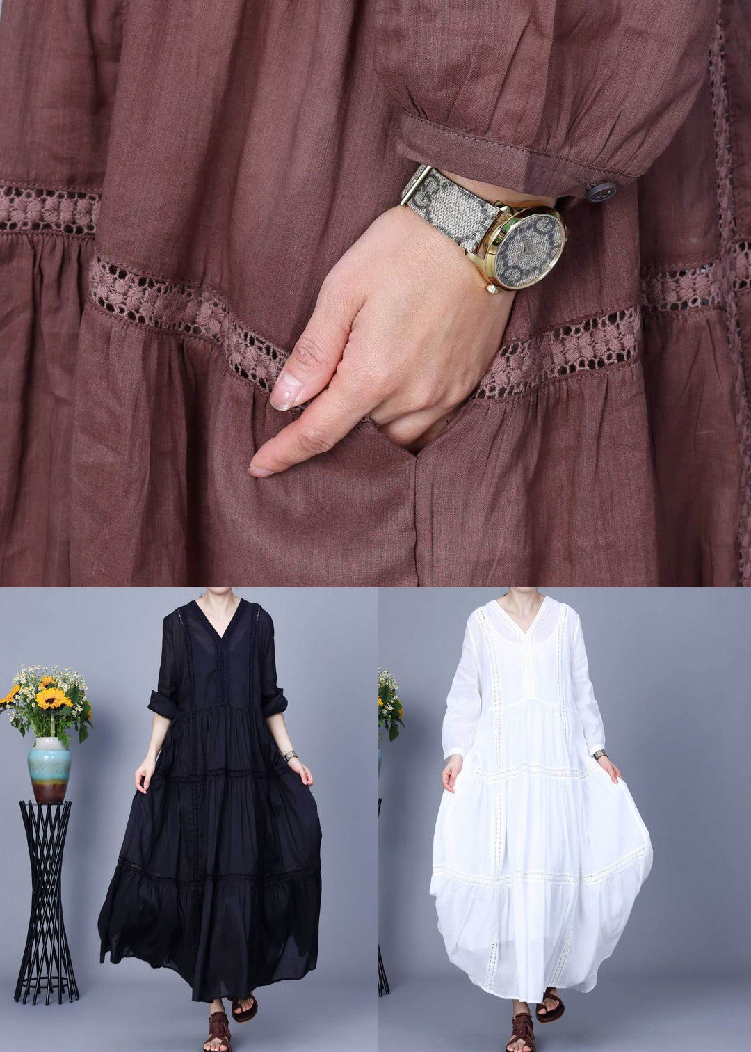 Black Pockets Patchwork Linen Two Piece Set Outfits V Neck Spring