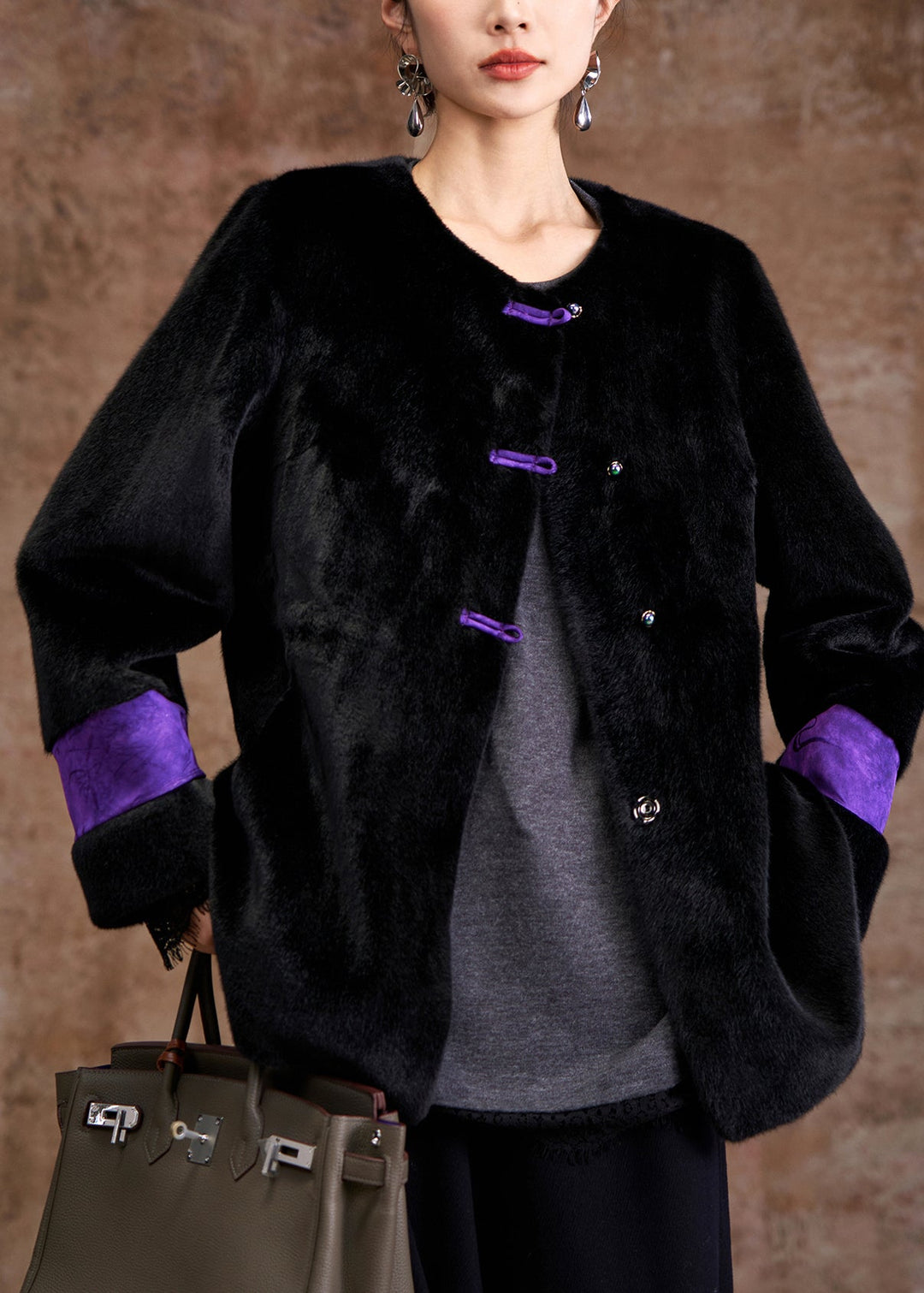 Black Pockets Print Leather And Fur Coat Winter