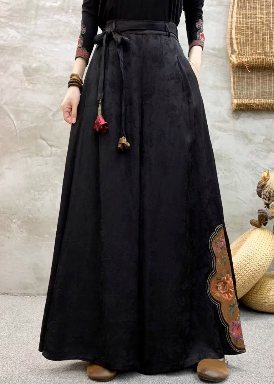 Black Pockets Silk Pants Embroidered Elastic Waist Fall