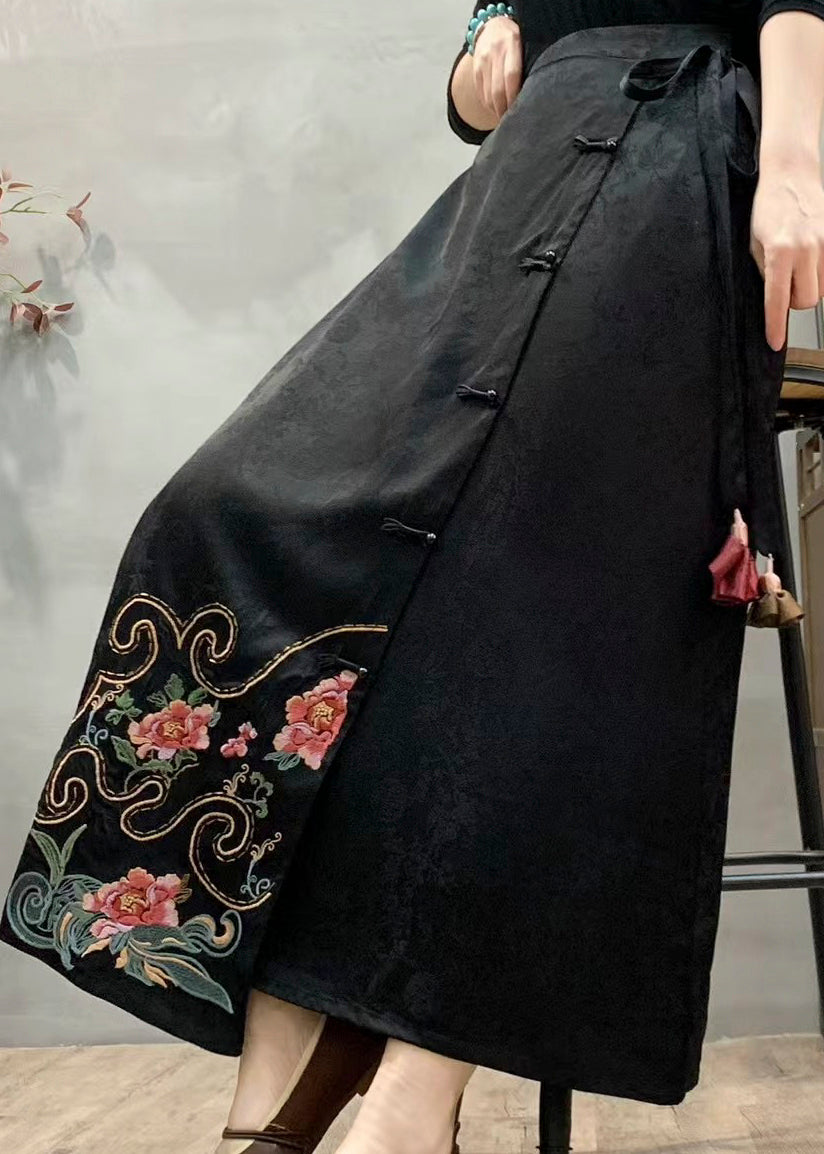 Black Pockets Silk Skirt Embroidered Oriental Button Fall