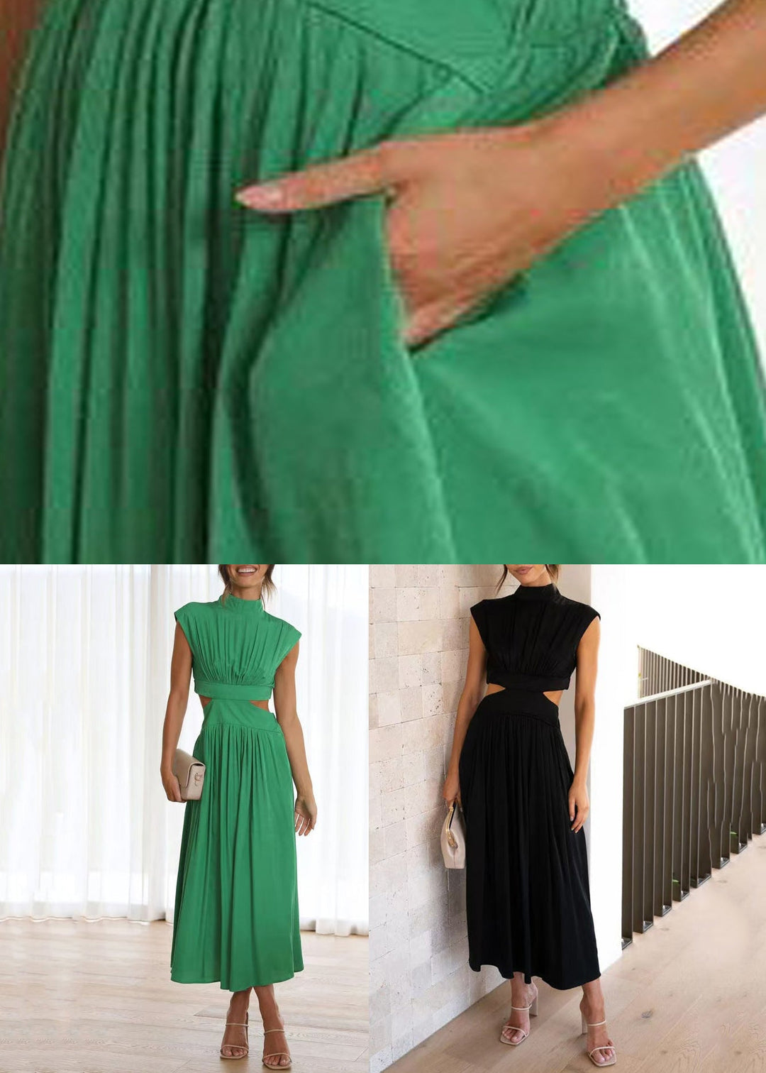 Black Pockets Solid Cotton Summer Long Dresses Hollow Out