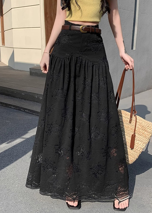 Black Pockets Wrinkled Lace Summer Skirts High Waist