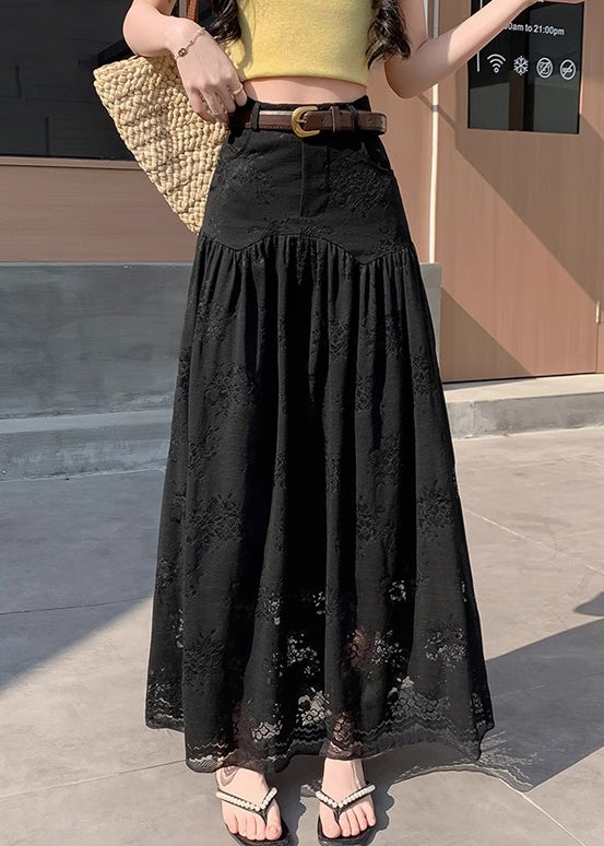 Black Pockets Wrinkled Lace Summer Skirts High Waist