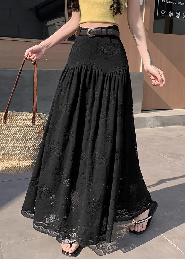 Black Pockets Wrinkled Lace Summer Skirts High Waist