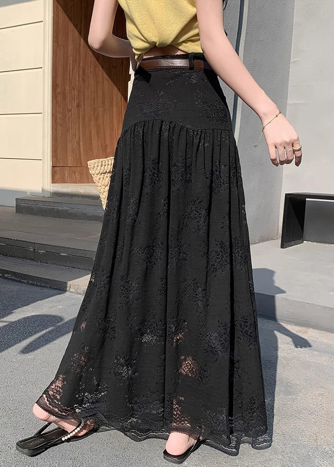 Black Pockets Wrinkled Lace Summer Skirts High Waist