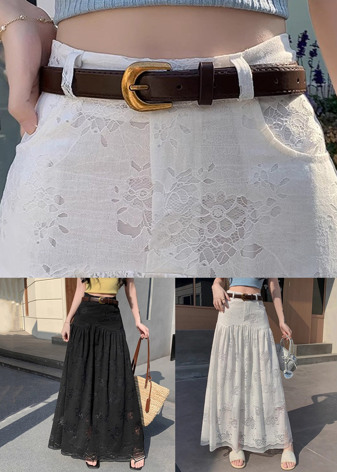 Black Pockets Wrinkled Lace Summer Skirts High Waist