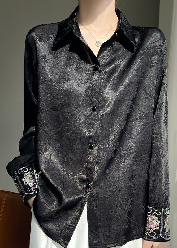 Black Print Button Silk Fall Shirt Peter Pan Collar