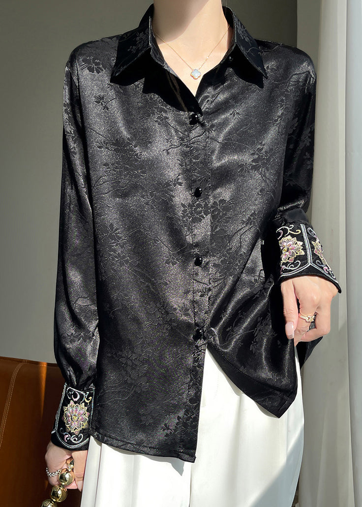 Black Print Button Silk Fall Shirt Peter Pan Collar