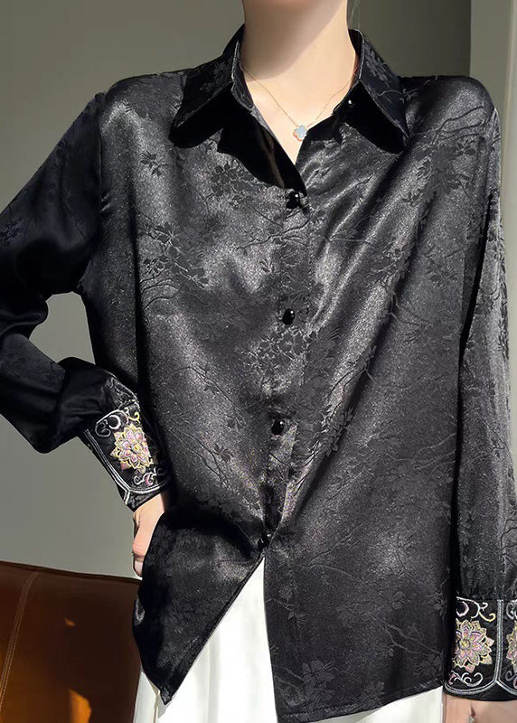 Black Print Button Silk Fall Shirt Peter Pan Collar