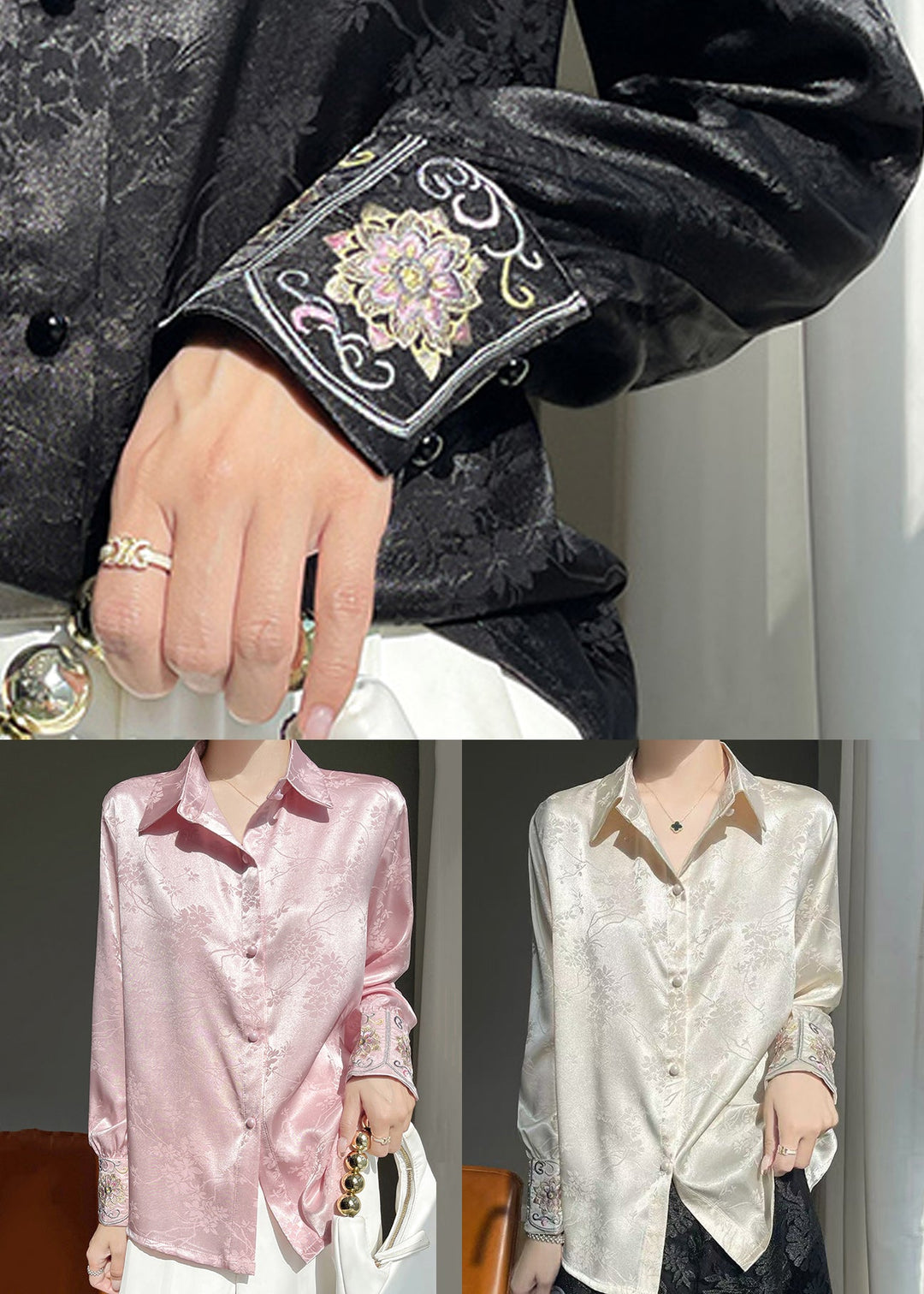 Black Print Button Silk Fall Shirt Peter Pan Collar