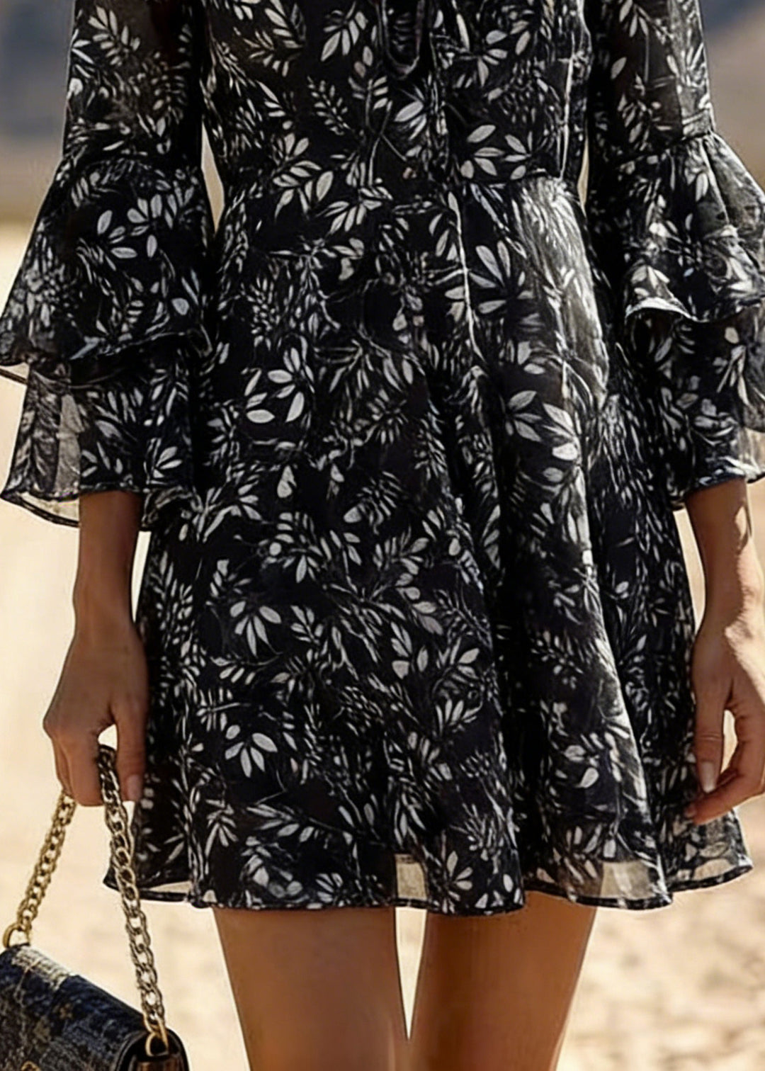 Black Print Chiffon Mid Dress Lace Up Flare Sleeve