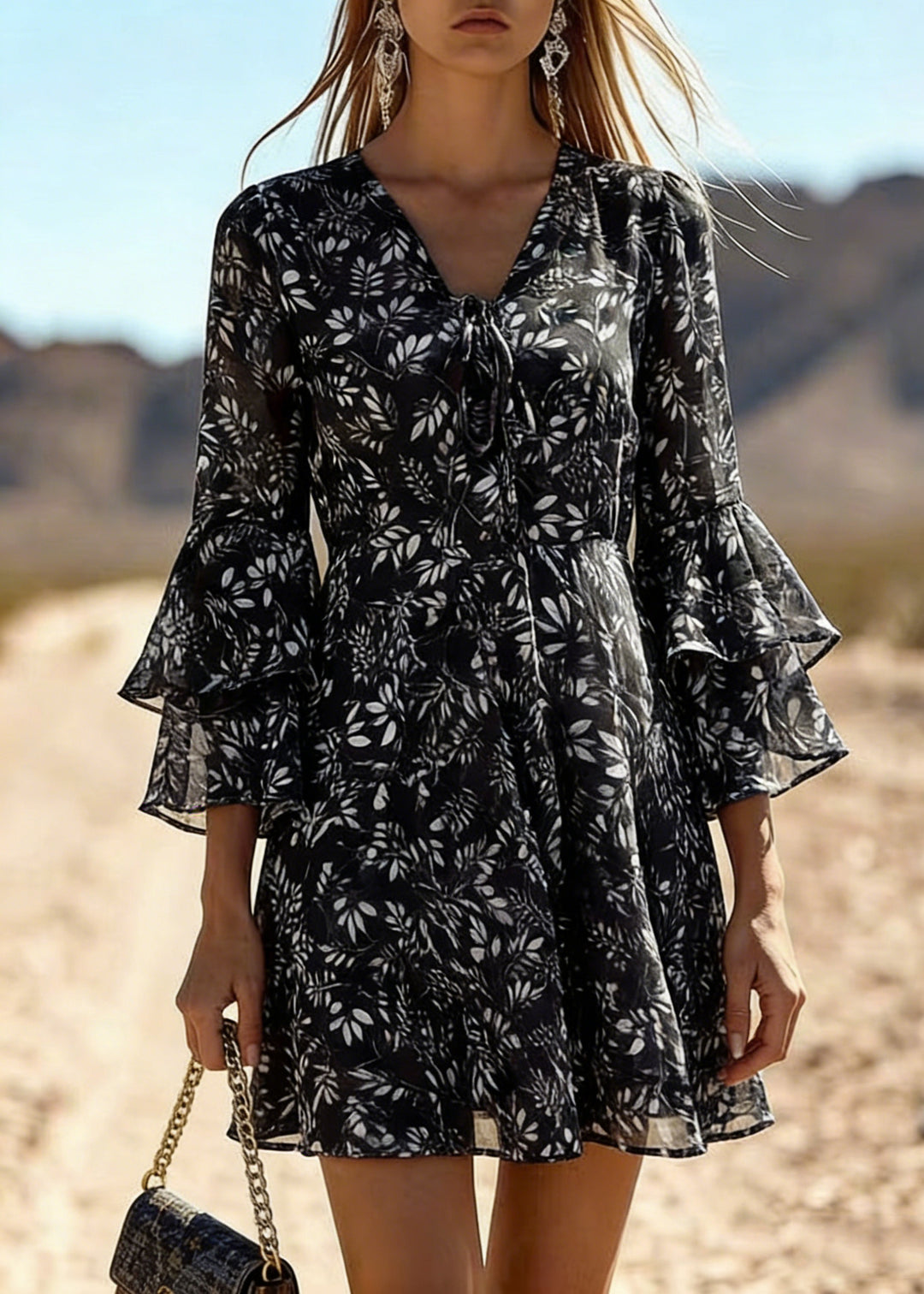 Black Print Chiffon Mid Dress Lace Up Flare Sleeve