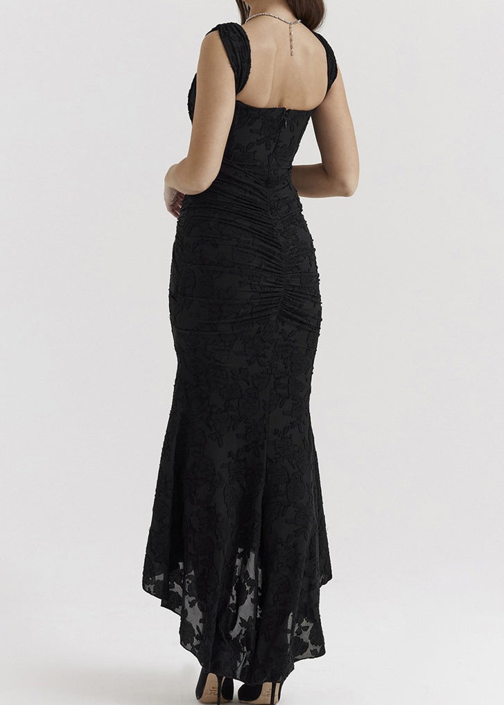 Black Print Cotton Fish Tail Dress Backless Sleeveless