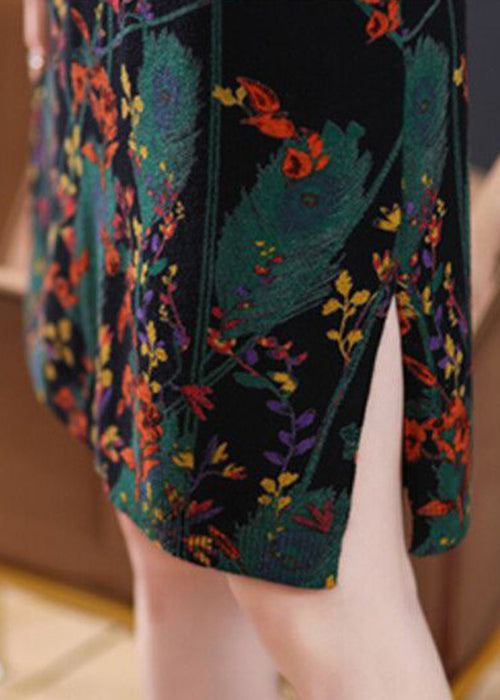 Black Print Cozy Knit Mid Dress O Neck Long Sleeve