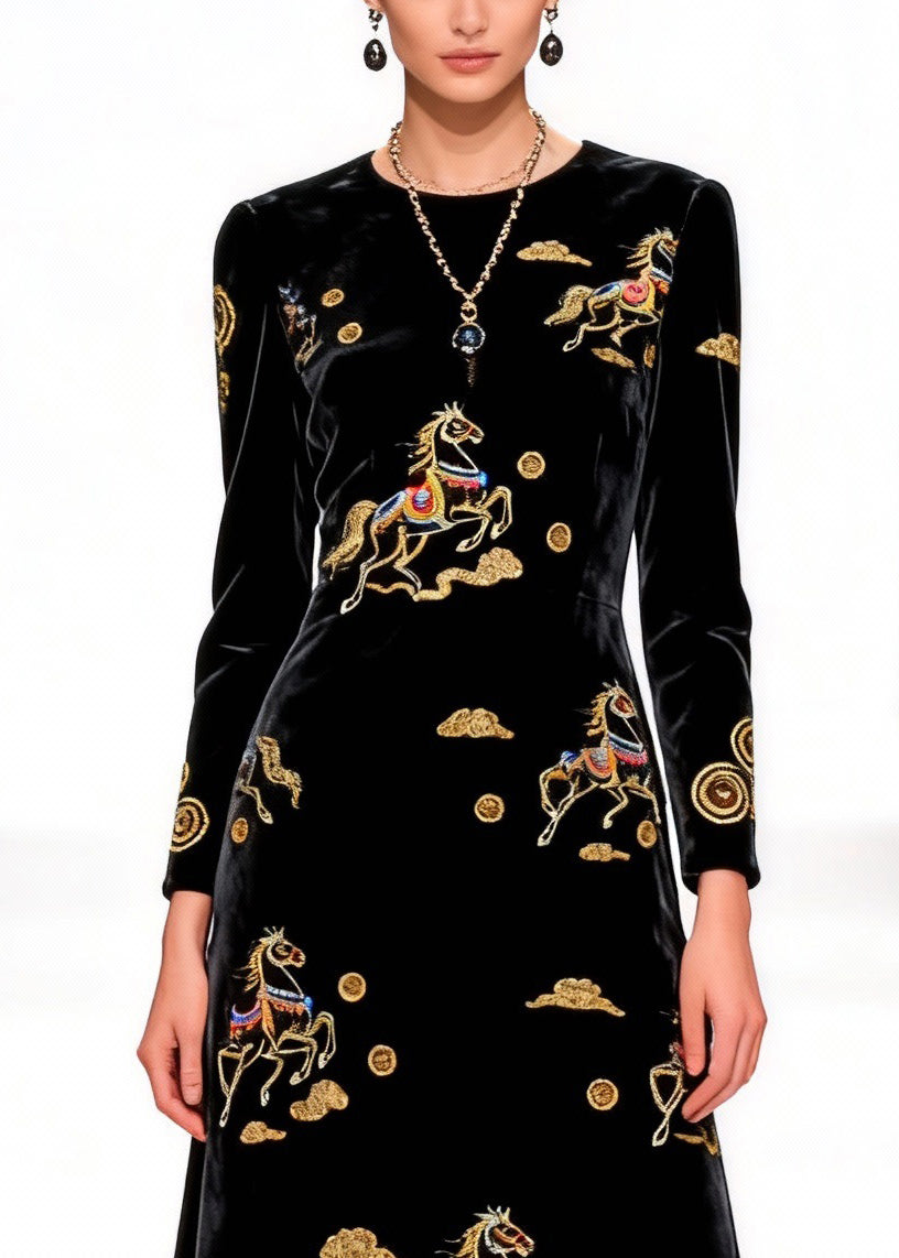 Black Print Horse Silk Velvet Long Dress O-Neck Spring