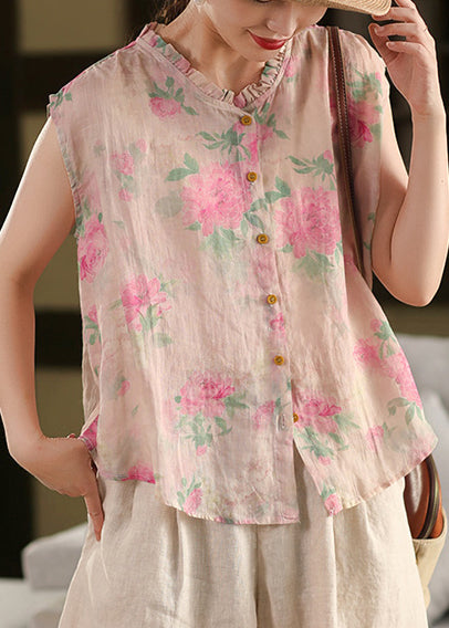 Black Print Linen Beach Vest Ruffled Sleeveless