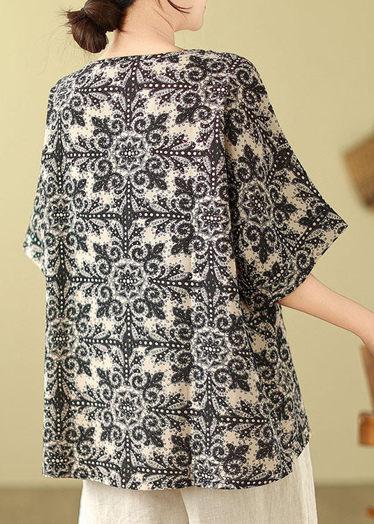 Black Print Loose Cotton Top O Neck Short Sleeve