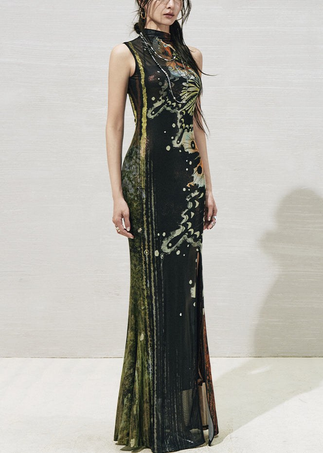 Black Print Side Open Tulle Two Pieces Set Stand Collar Summer