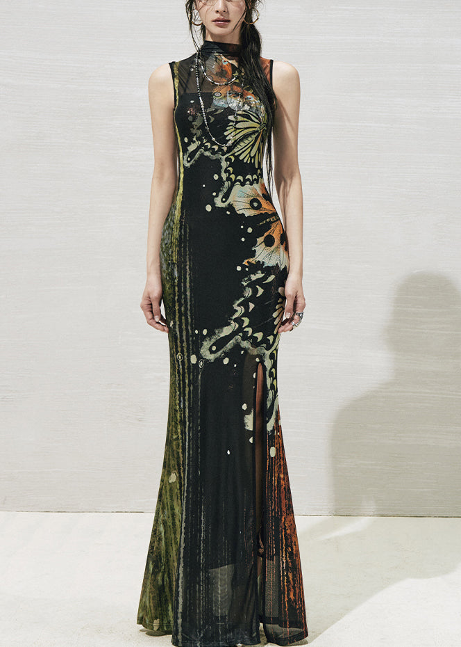 Black Print Side Open Tulle Two Pieces Set Stand Collar Summer