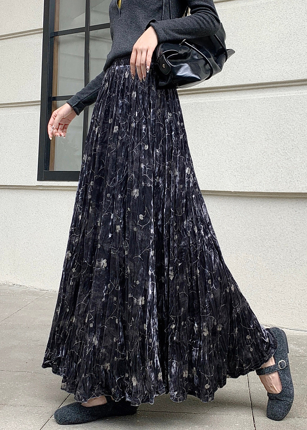 Black Print Silk Velvet Holiday Skirts Exra Large Hem Spring - Omychic