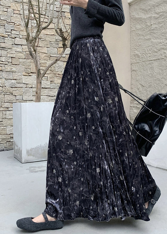 Black Print Silk Velvet Holiday Skirts Exra Large Hem Spring - Omychic