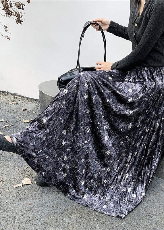 Black Print Silk Velvet Holiday Skirts Exra Large Hem Spring - Omychic